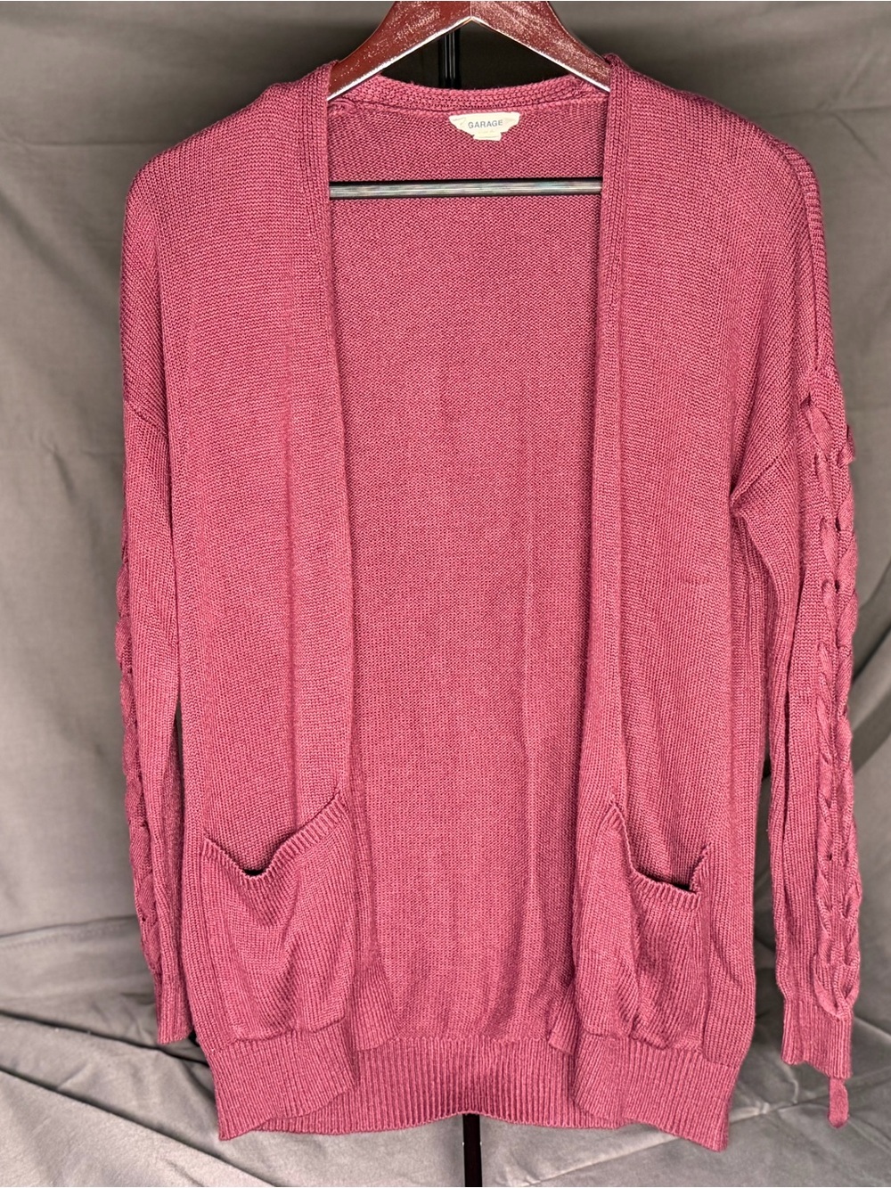 Garage Maroon Open-Front Cardigan with Braided Sleeve Detail